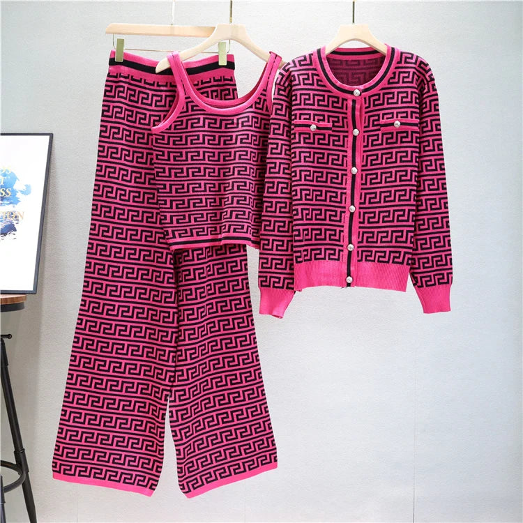 Elegant Casual Three-Piece Women's Fashion Houndstooth Printed Fitted Vest and Plaid Trousers Set for Spring and Autumn