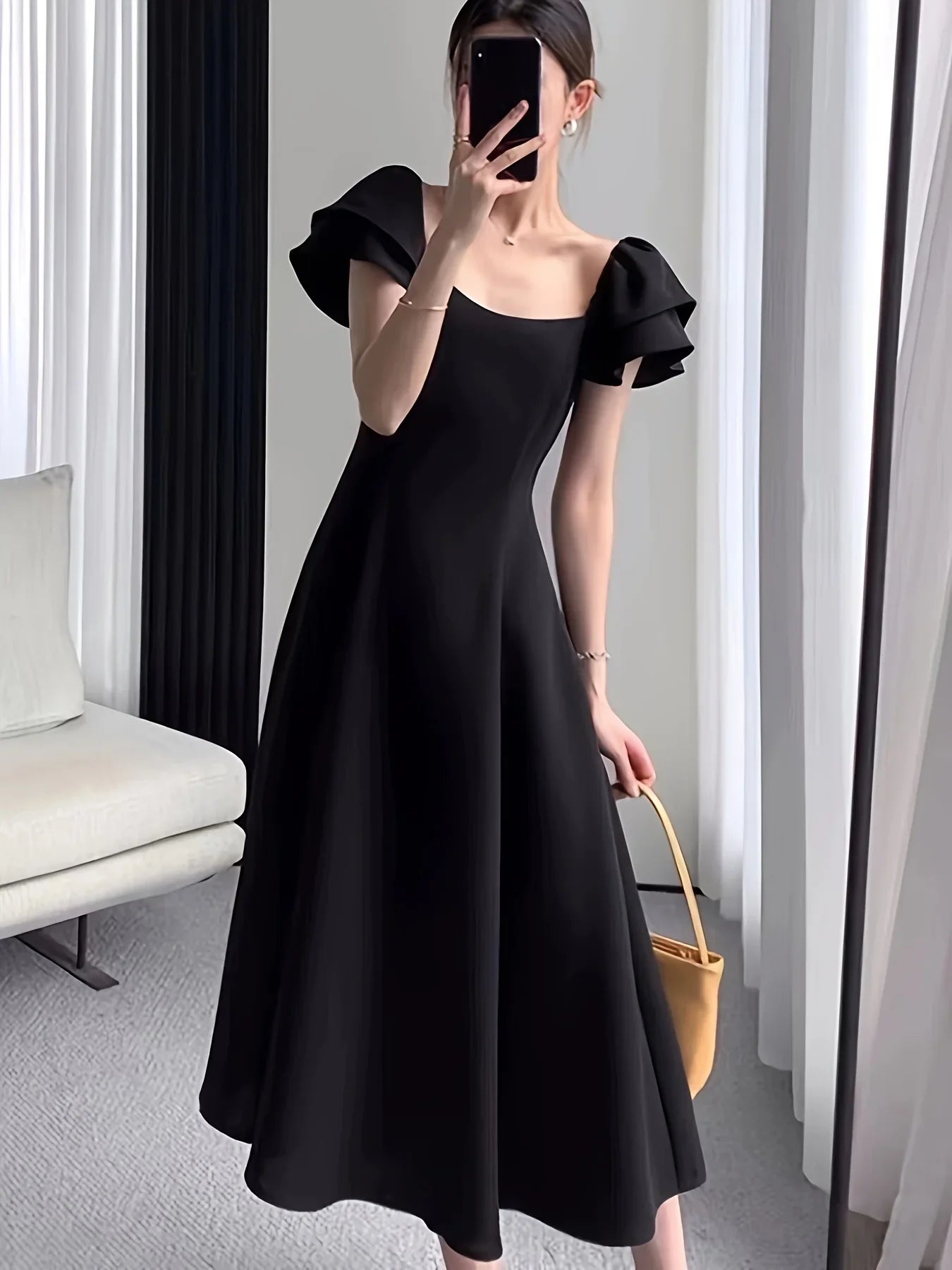 Square Neck Dress With Flutter Sleeves For Spring And Summer