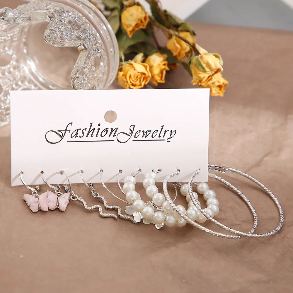 Fashion Silver Color Round Pearl Hoop Earrings Set for Women with Snake and Butterfly Dangle Design
