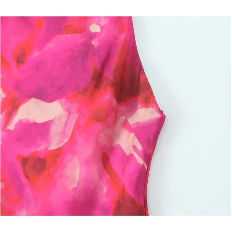 Printed Satin Midi Dress Women Sleeveless Back Button