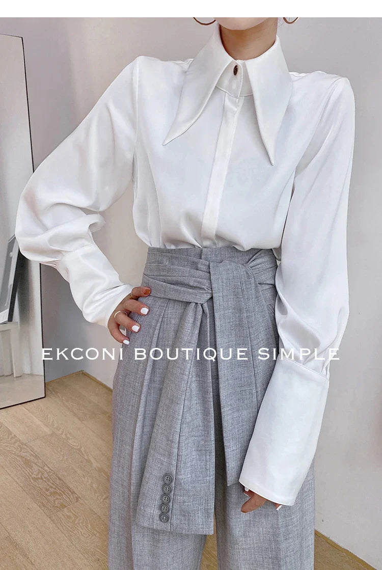 Elegant Turn Down Collar Satin Silk Blouse Vintage Button Closure White Lantern Sleeve Office Lady Shirt Chic Feminine Top