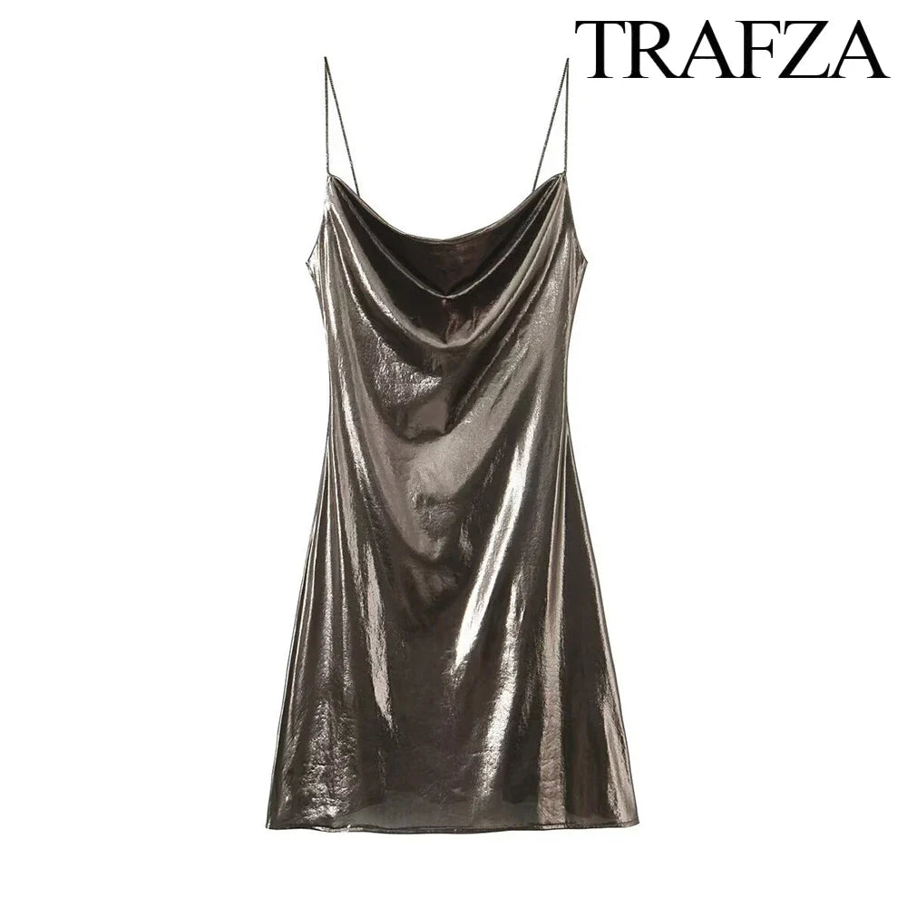 Metallic Glitter Backless Spaghetti Strap Dress For Party