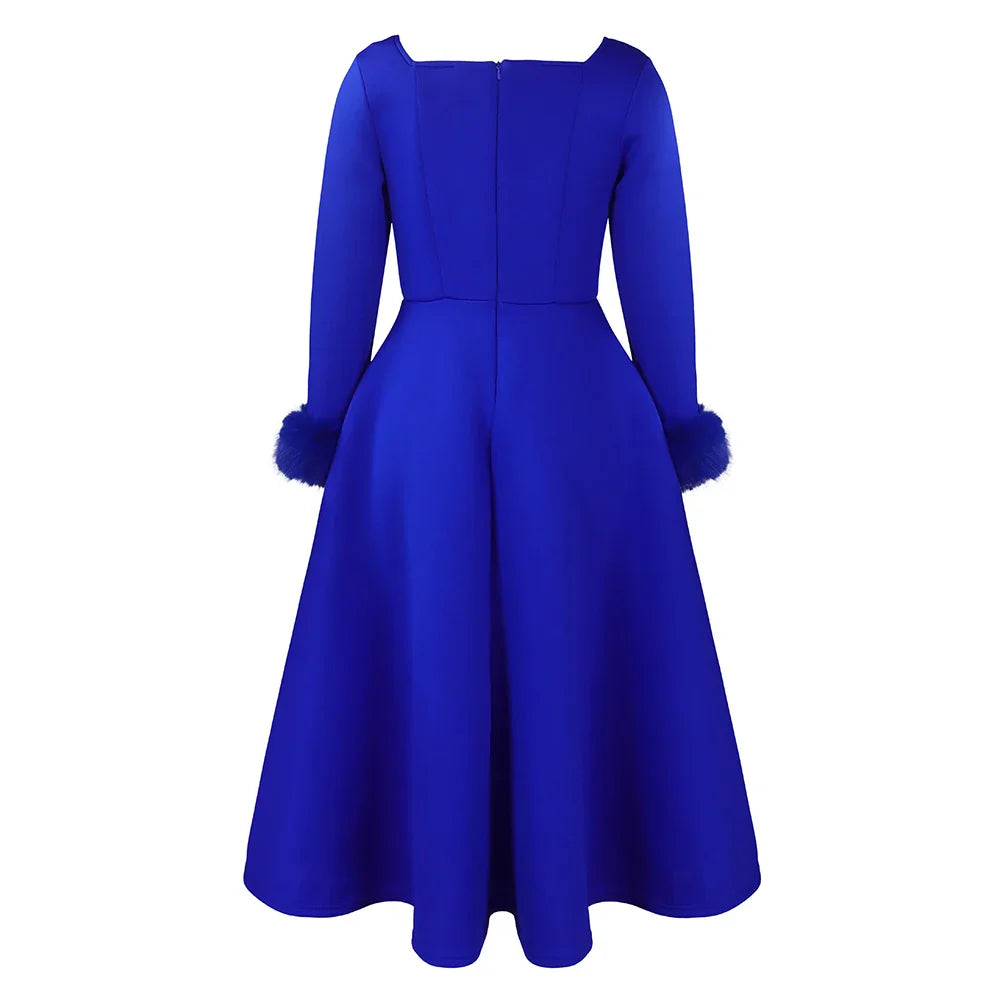 Square Neck Party Dress Women Pleated A Line Mid Calf