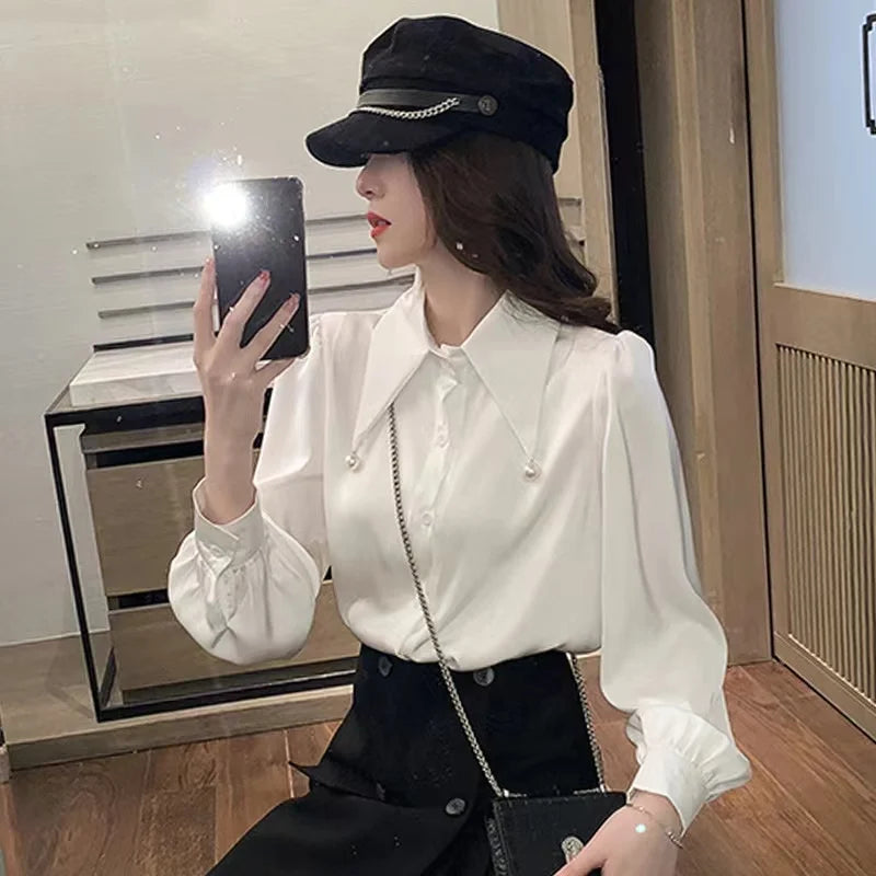 Spring Elegant Women Chiffon Blouse with Beaded Pointed Collar Loose Fit Long Sleeve Office Shirt Top