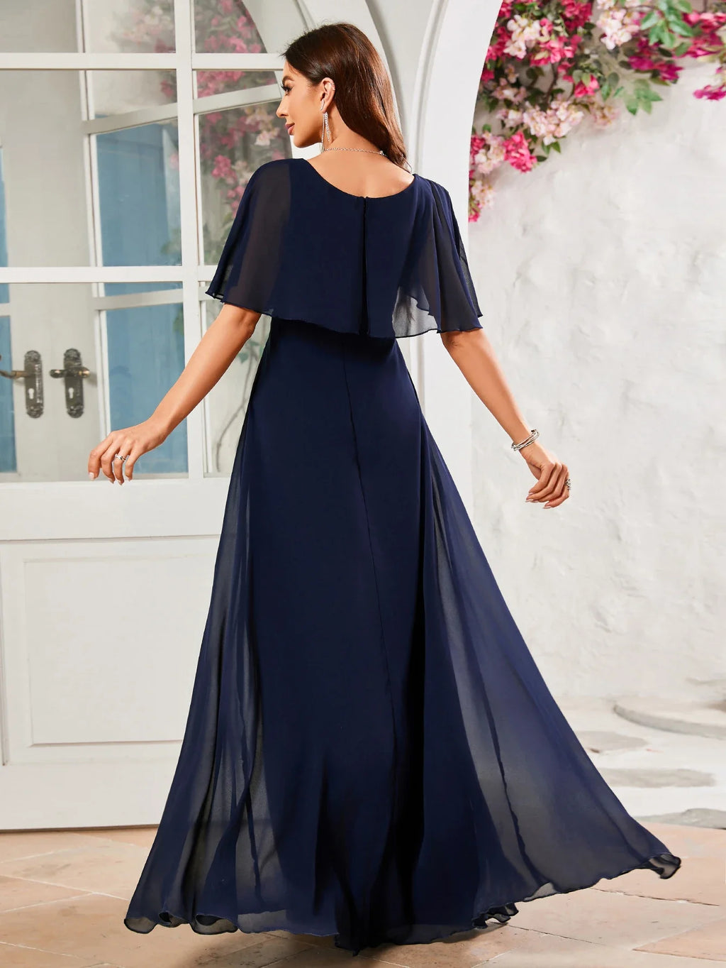 Flounce Sleeve V Neck Beaded Chiffon Bridesmaid Dress