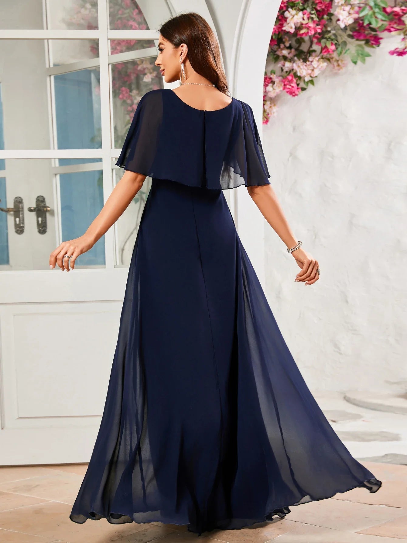 Flounce Sleeve V Neck Beaded Chiffon Bridesmaid Dress