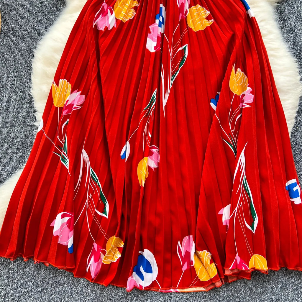 Floral Print Maxi Dress High Waist Spaghetti Strap Backless