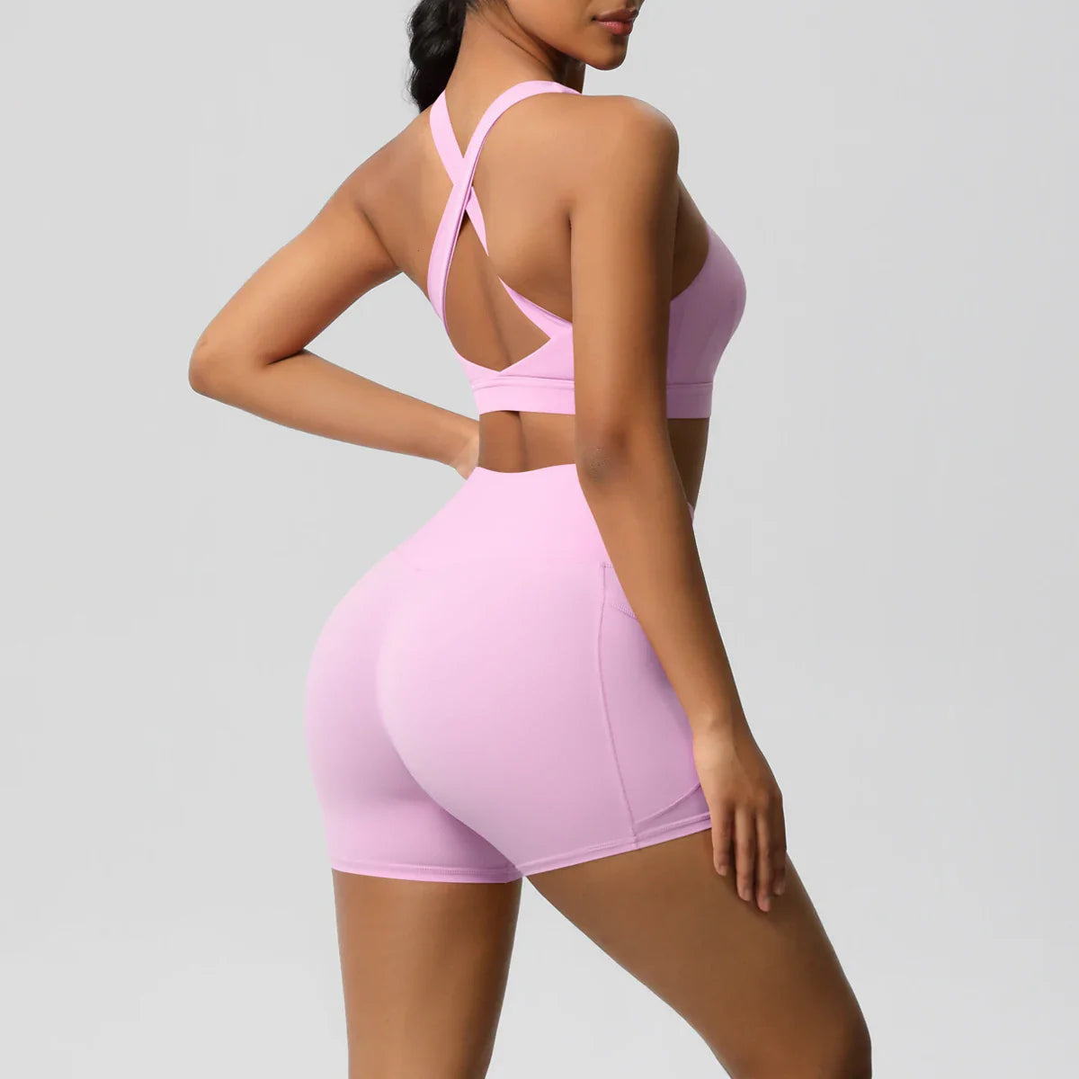 2PCS Pocketed Yoga Set for Women with Crossover Bra and Gym Leggings Workout Tracksuit Sports Shorts Activewear