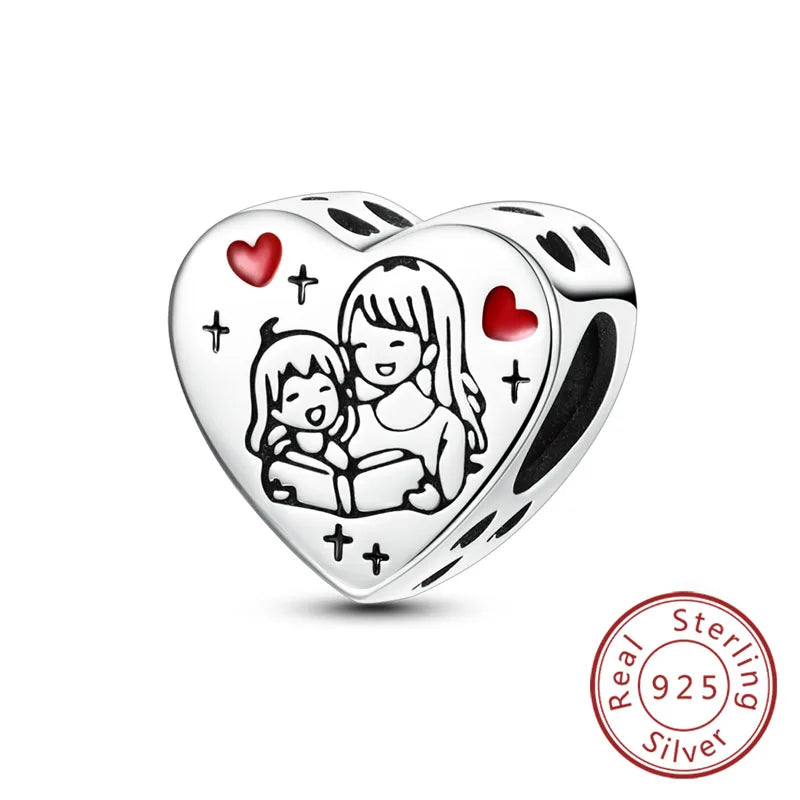 925 Sterling Silver Love Heart Family Charm Bead Pendant for Women's Bracelet Jewelry Gift