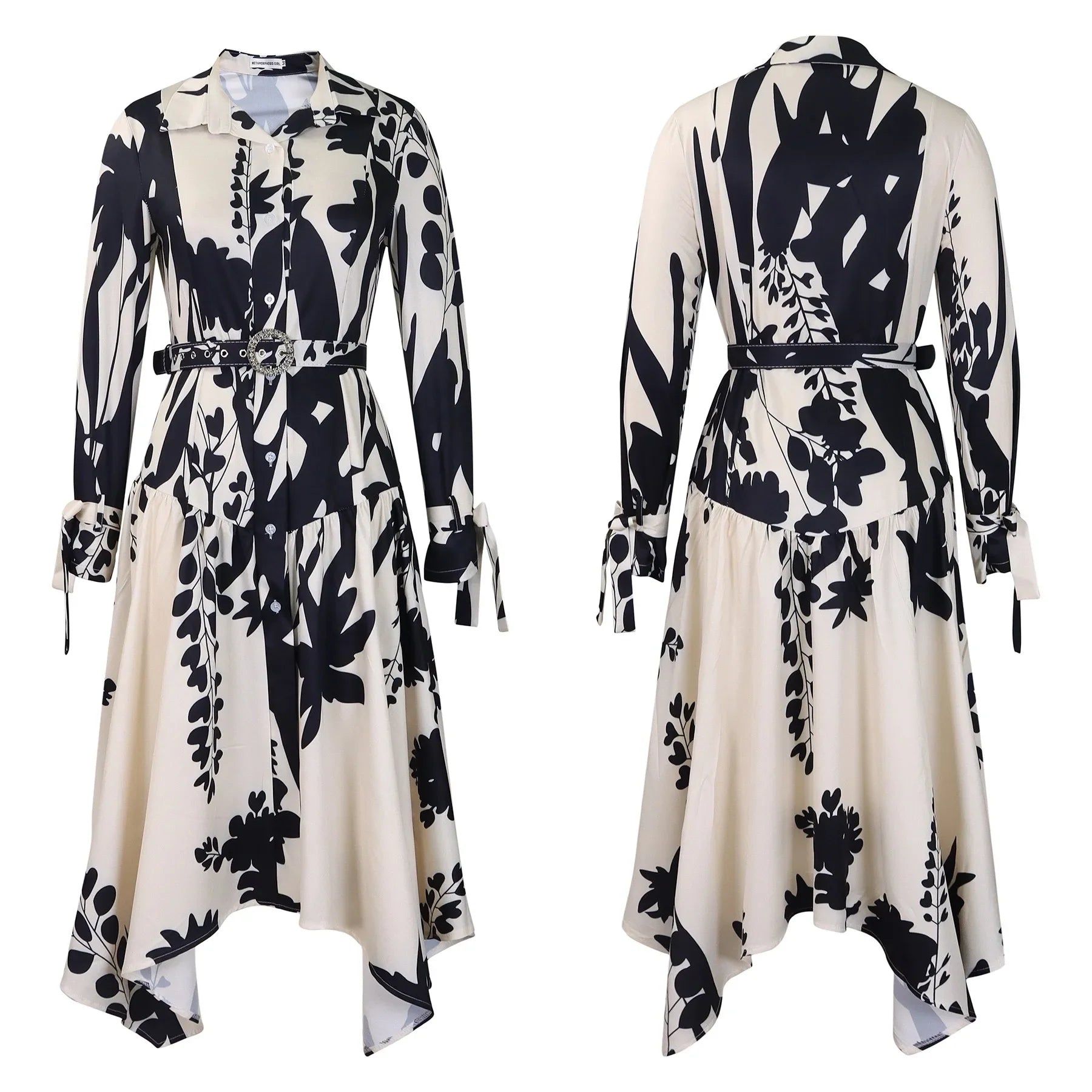 Printed Dress For Women Elegant Turn Collar Ankle Length