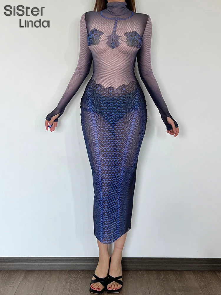 Girls Floral Print Midi Dress Long Sleeve High Collar