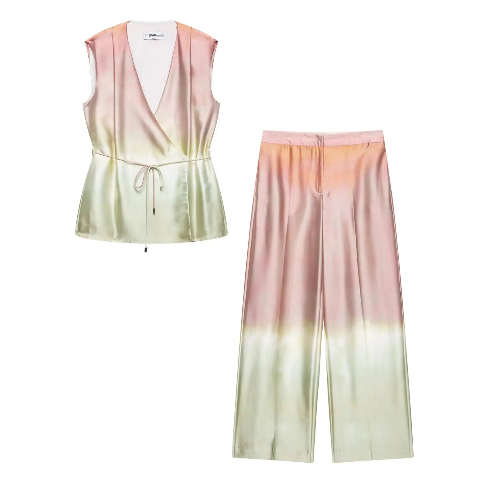 Women Tie Dye Two Piece Set Casual V Neck Waistcoat and Wide Leg Trousers with Shoulder Pads