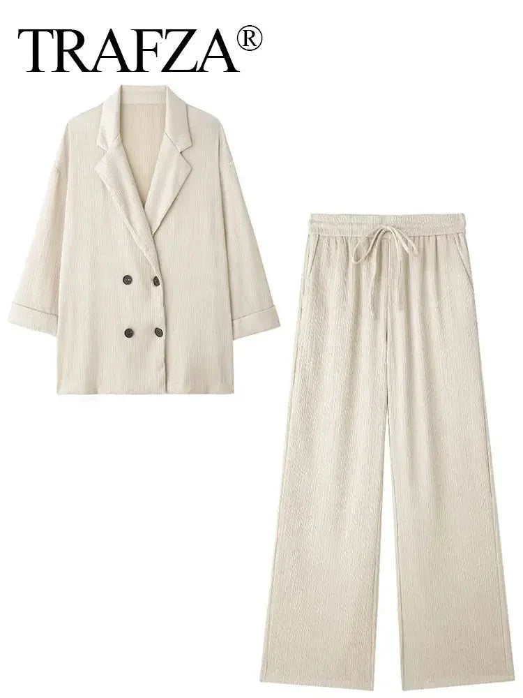 Trendy Women's Cozy Suit Set with Double Breasted Coat and Wide Leg Pants