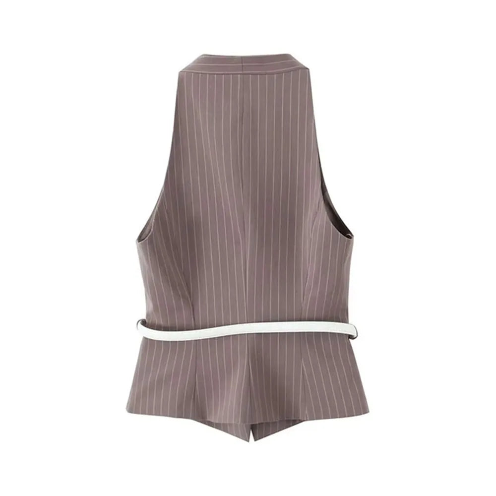 Women's Fashion Striped Two-Piece Set with Belted Waistcoat Top and Low Waist Pocketed Pants