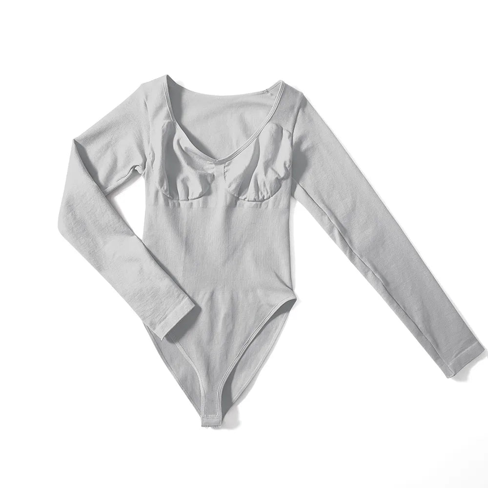 Sexy Long Sleeve Bodysuit for Women Skinny Bodycon V-Neck Push Up Romper Streetwear Jumpsuit