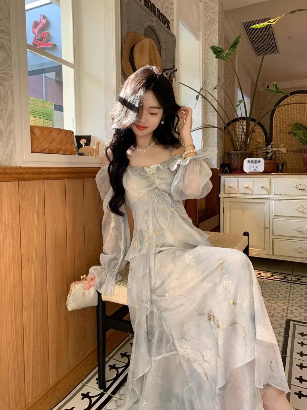 Off Shoulder Dress Ruffle A Line Long French Print