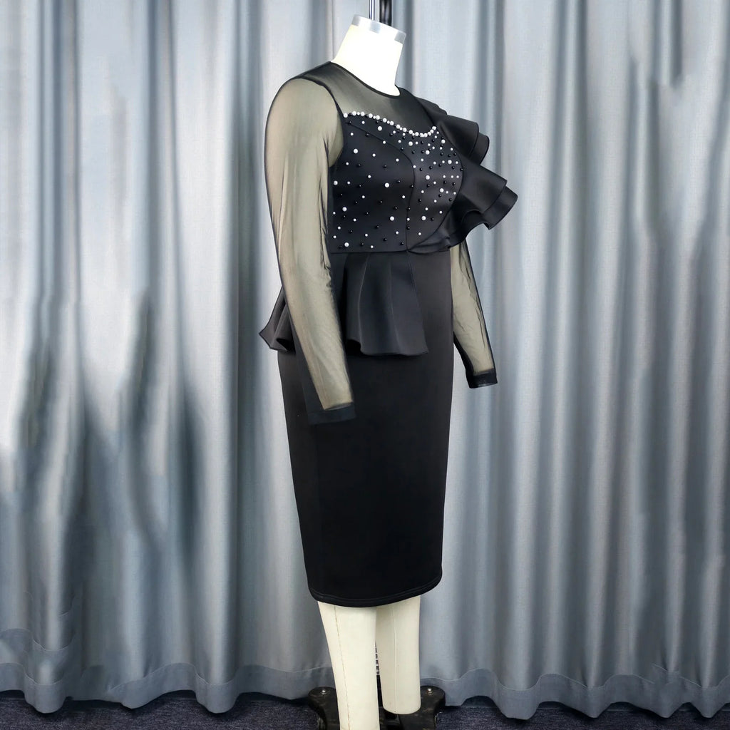 Elegant Beaded O Neck Sheath Dress With Ruffles Mid Calf