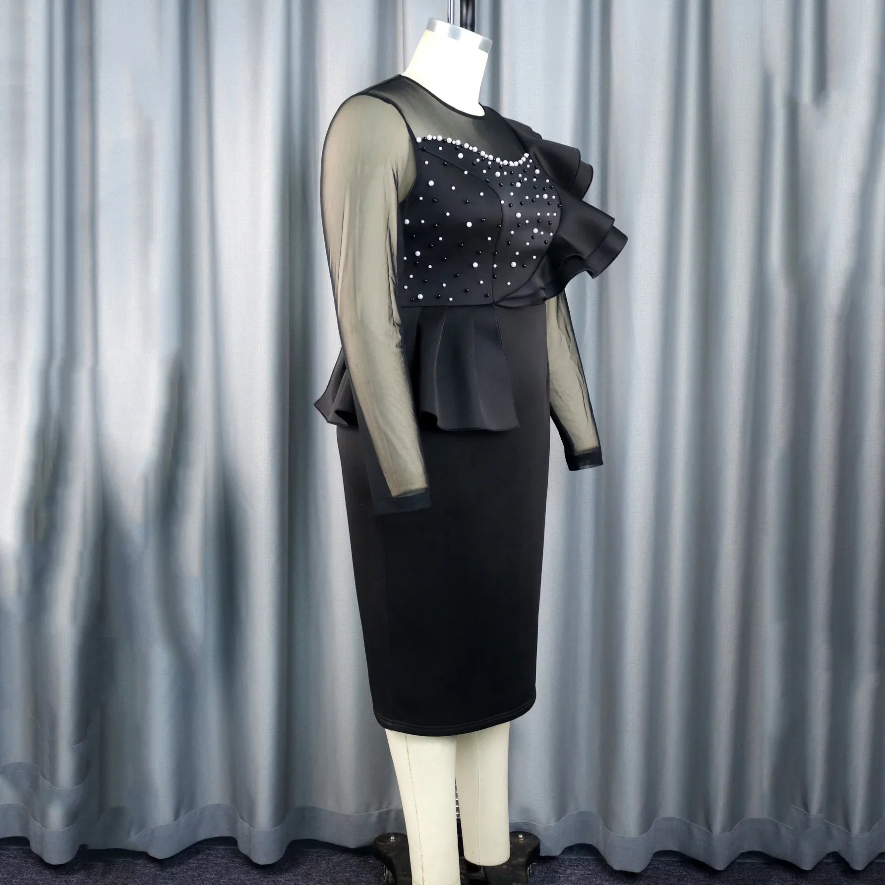 Elegant Beaded O Neck Sheath Dress With Ruffles Mid Calf