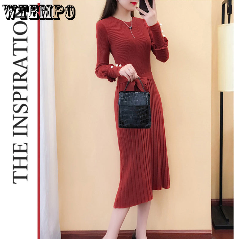 Korean Style Belted Knit Sweater Dress With Long Sleeve