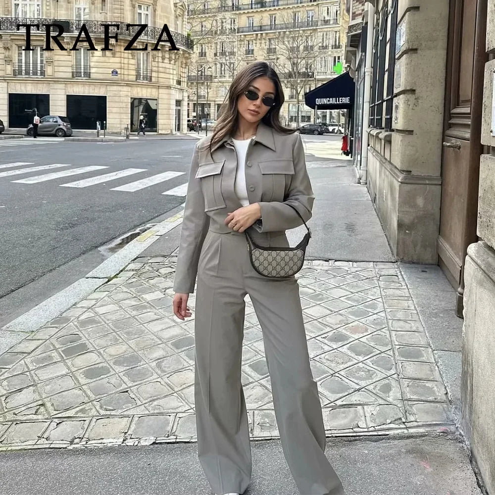 Casual Women Solid Suit Set with Pockets Turn Down Collar Short Jacket and Chic Wide Leg Pants for Spring and Summer Streetwear