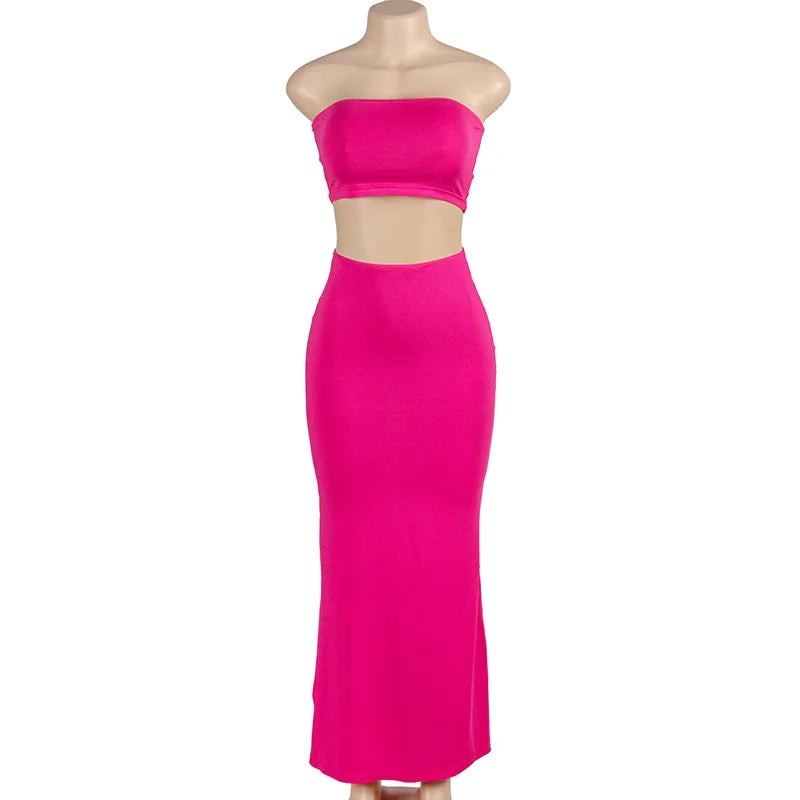 Solid Color Sleeveless Tube Top with High Waist Slim Long Skirt Set for Women Summer Chic Fashion