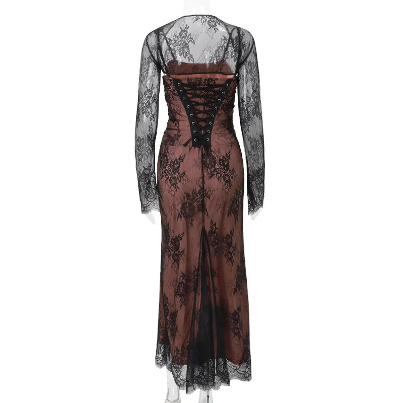 Lace Side Square Neck Dress for Elegant Evening Party