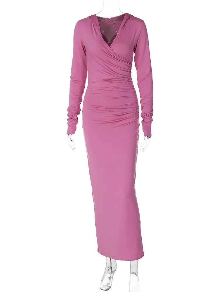 V Neck Solid Maxi Dress With Draped Silhouette Long Sleeve