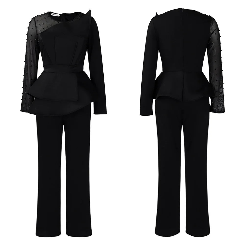Elegant High Waisted Jumpsuit for Women with Round Neck Beaded Detail and Transparent Sleeves Perfect for Birthday Parties and Special Occasions