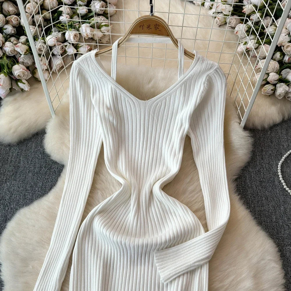 White Long Sleeve V Neck Lace Up Elegant Dress For Women