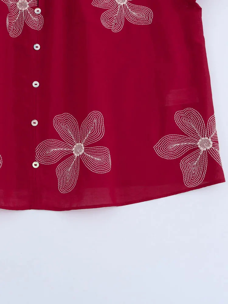 Women's Floral Embroidered Long Sleeve Button-Up Blouse Elegant Chic Shirt Top