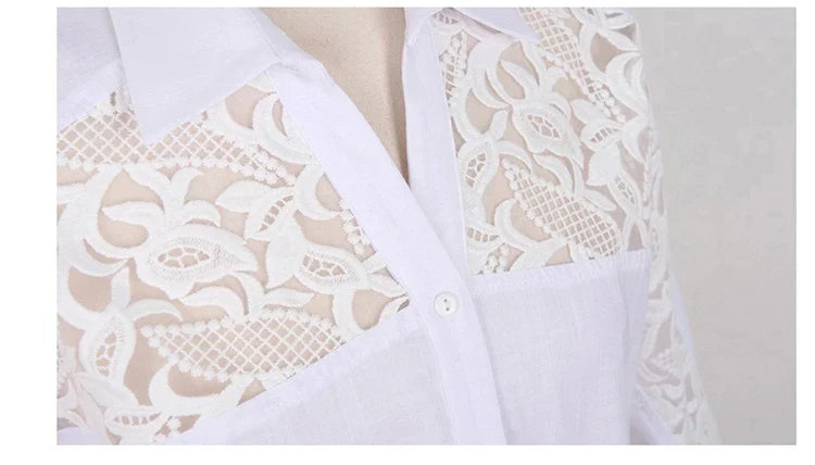 Sexy White Lace Patchwork Chiffon Button-Up Shirt for Women Casual Loose Half Sleeve Blouse Summer Top