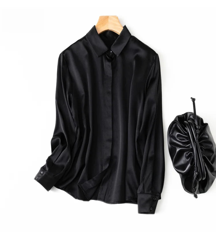 Women Satin Silk Shirt 93% Mulberry Silk 7% Spandex 19 Momme Classic Long Sleeve Blouse Solid Color Office Top for Women M L XL XXL
