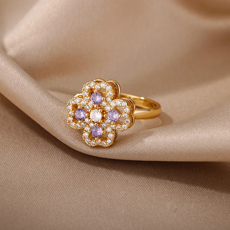 Spinner Zircon Heart Four Leaf Clover Fidget Ring for Women Stainless Steel Anti Stress Anxiety Jewelry Gift