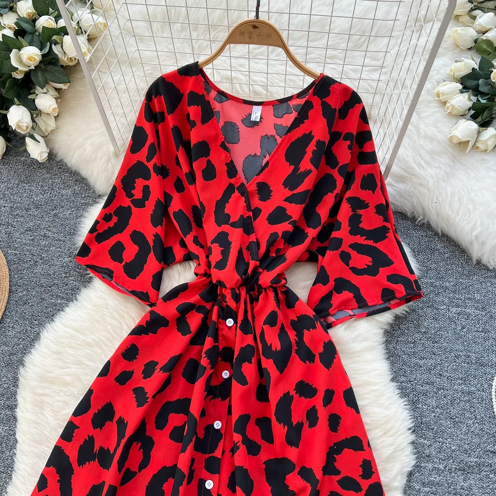 Ruched V Neck Office Dress Long Sleeve For Women Red