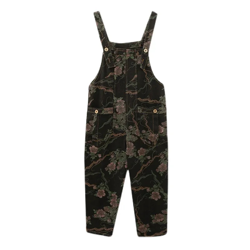 Vintage Floral Print Black Denim Women's Oversized Jumpsuit Loose Wide Leg Cargo Baggy Dungarees Streetwear Overalls Pants