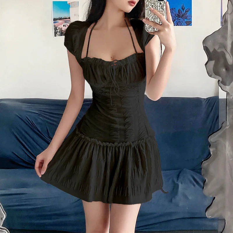 Casual Square Neck Mini Dress With Ruffles Bow Trim