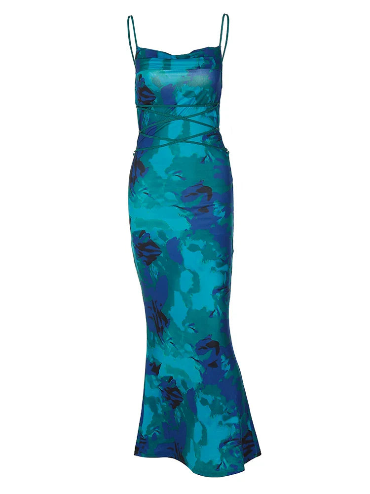 Floral Spaghetti Straps Maxi Dress Backless Evening Party