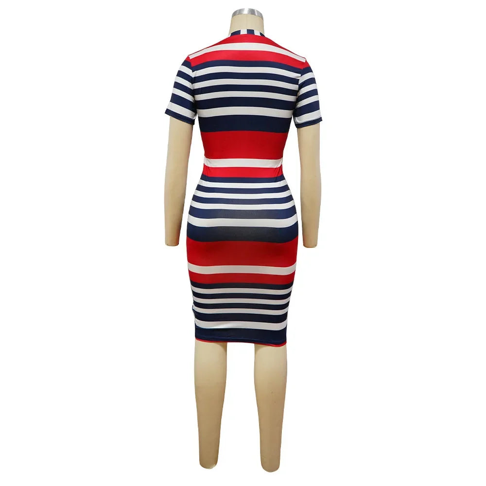 Summer Leaf Striped Print Bodycon Dress Knee Length