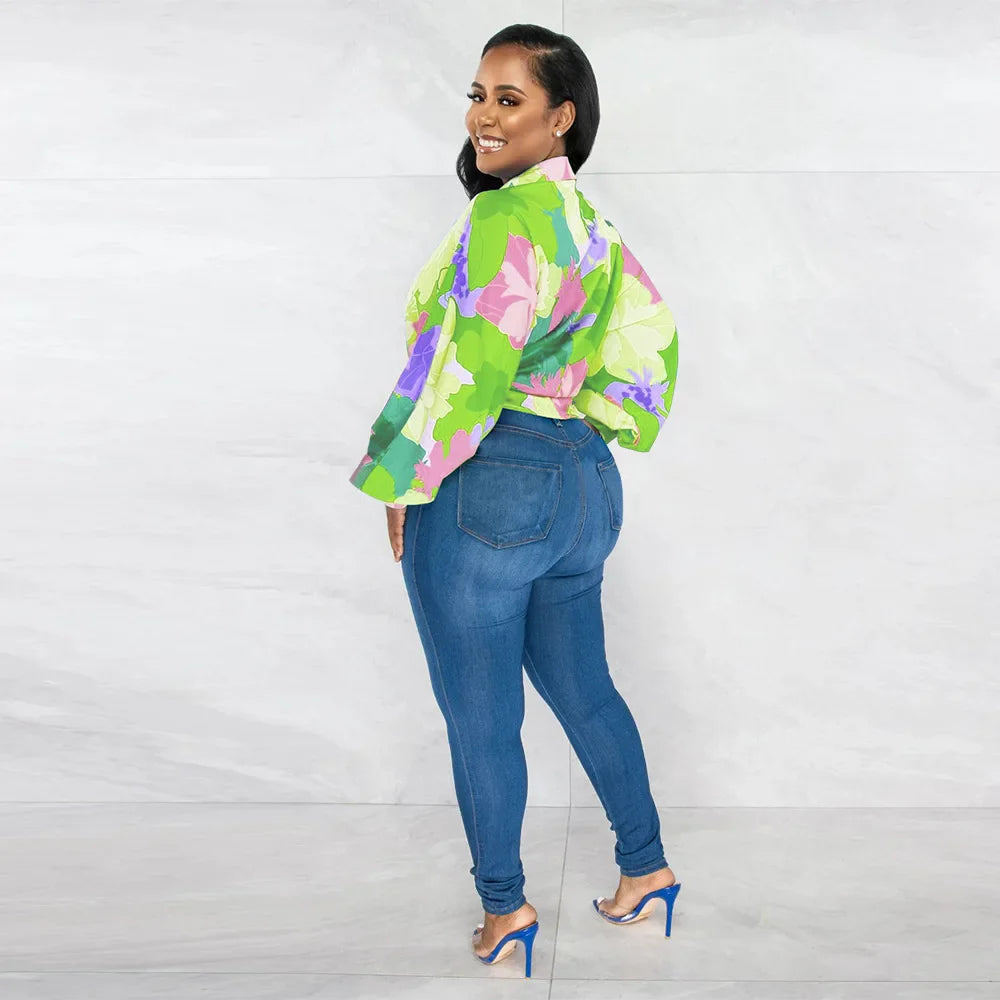 Women's Printed V-Neck Ramie Shirt Loose Bat-Sleeve Summer Top with Belly Cover Age-Reducing Design