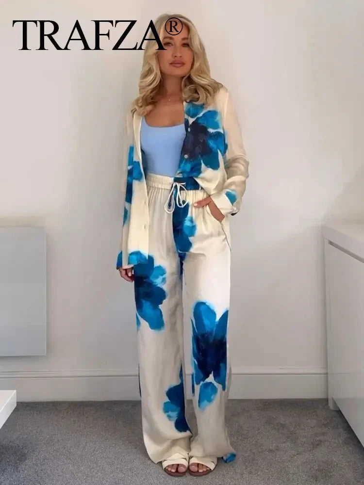 Elegant Floral Print Two-Piece Suit for Women Long Sleeve Lapel Blouse and Drawstring Wide Leg Pants Casual Summer Outfit
