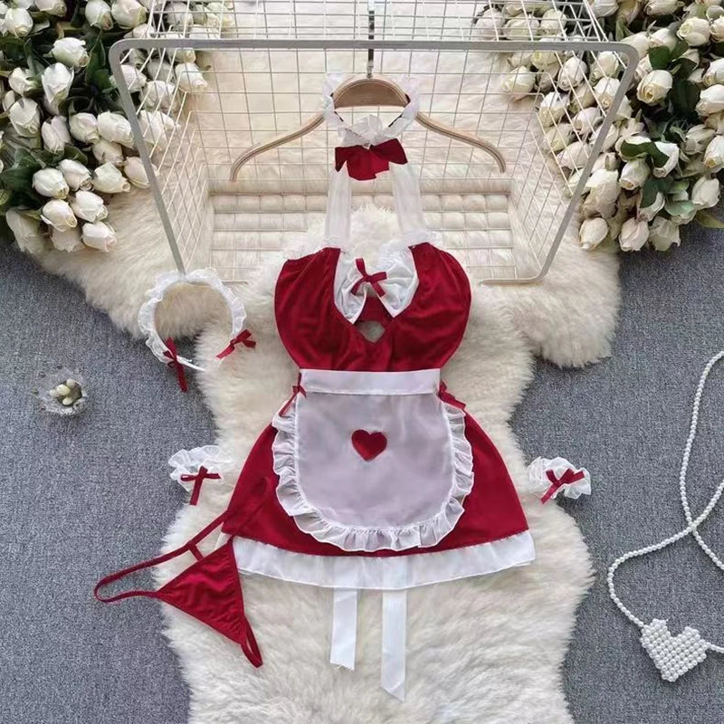 Maid Cosplay Nightwear Set Halter Hollow Out Thong
