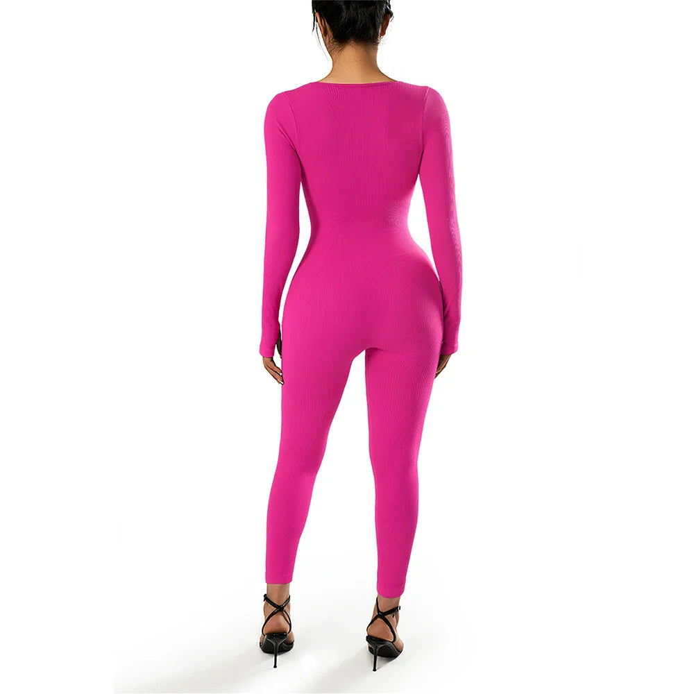 Bodycon Slim Fit Zipper Jumpsuit for Women Casual Brown Fitness Romper Streetwear Playsuit Overall