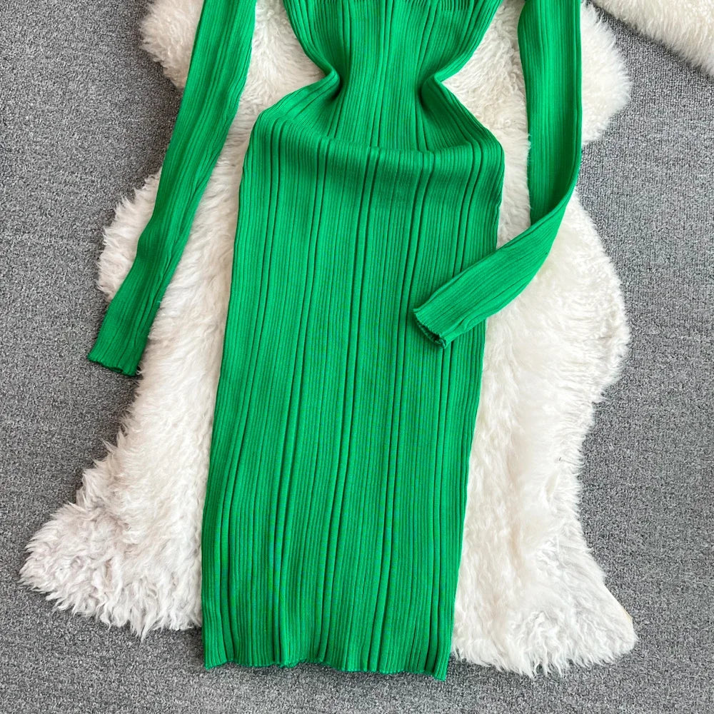 Long Sleeve Knitted Bodycon Dress For Women Autumn Retro