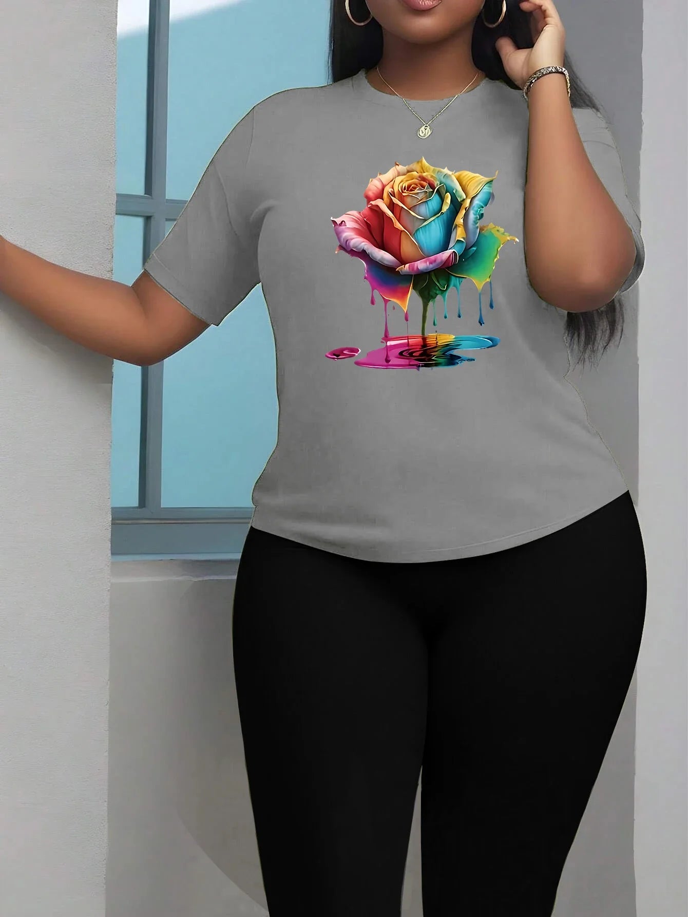 Colorful Floral Print Women T Shirt and Capri Leggings Two Piece Set for Casual Wear