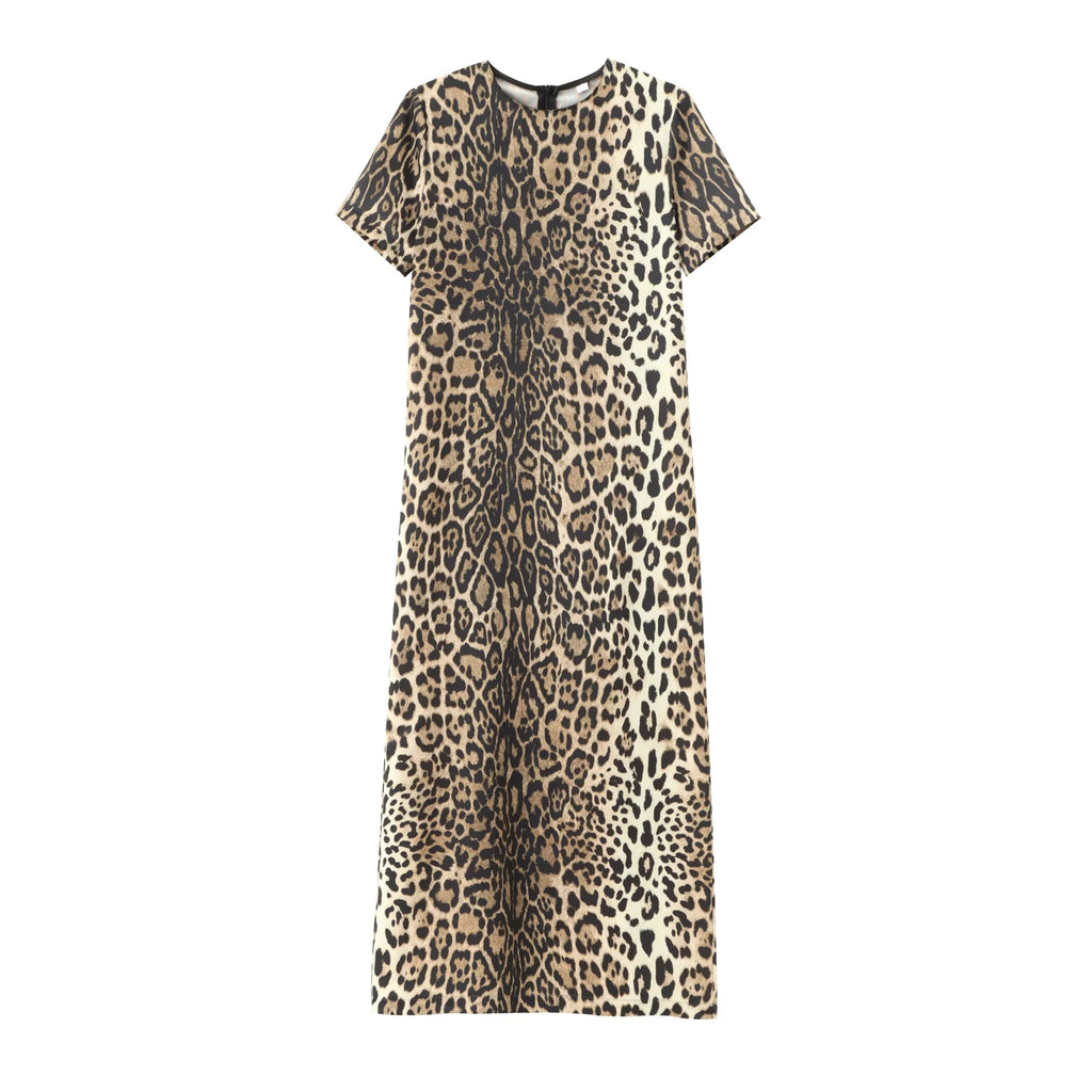 Leopard Print Midi Dress For Women Shirt Style Short Sleeve