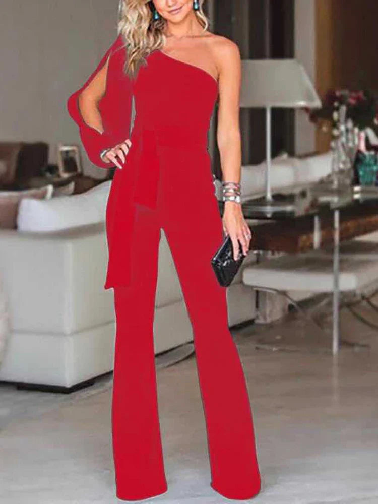Women's High Waist Tie-Up Slim Fit Solid Color Jumpsuit with Slant Shoulder Elegant Design for Banquet and Evening Wear