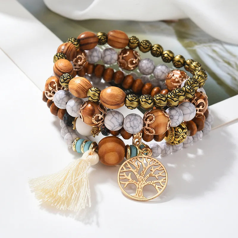 4Pcs Bohemian Tree Of Life Beaded Bracelet Set For Women Handmade Wood Beads Boho Jewelry