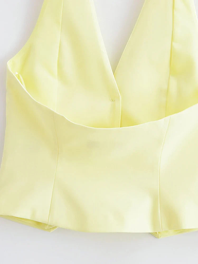 Women Summer Two-Piece Set Solid Halter Camisole Top and Trouser Outfit Elegant Street Style Clothing