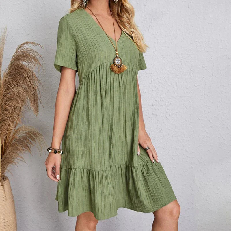 Boho Mini Dress Women V Neck Ruffles A Line Beach Dress
