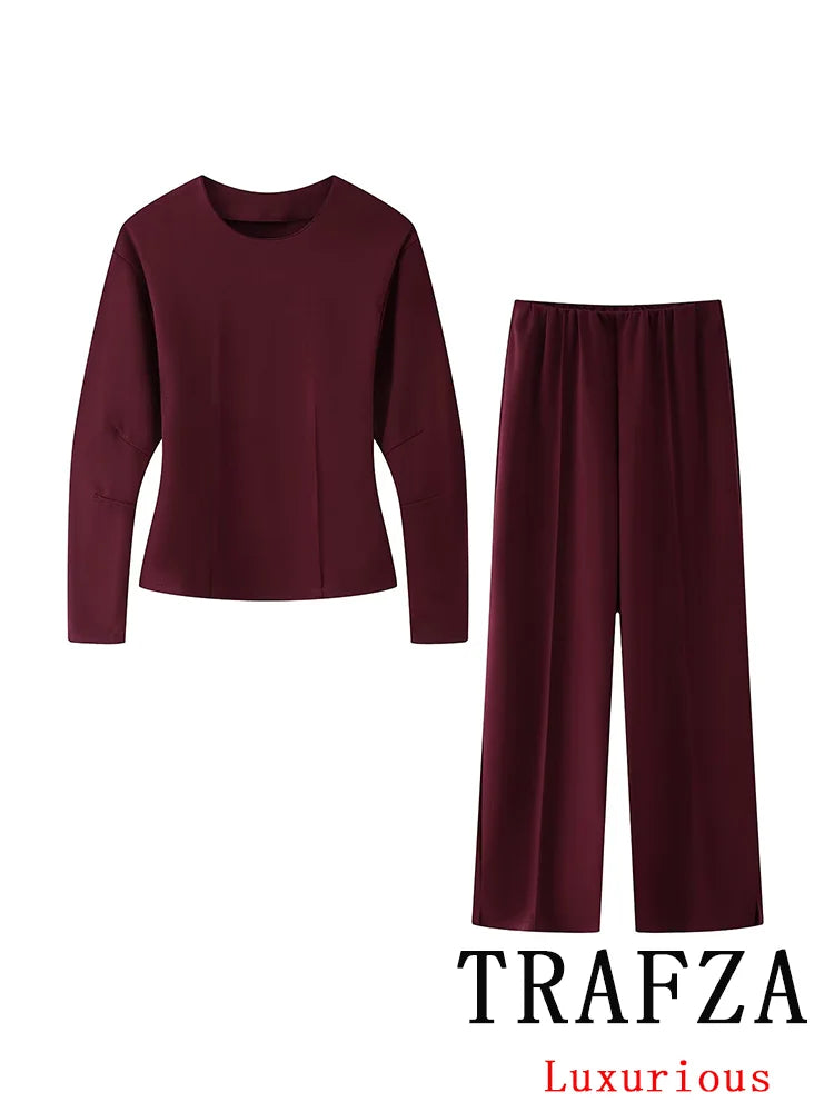 Casual Chic Red Women Elastic Suit with Long Sleeve O Neck Slim Top and High Waist Wide Leg Pants Fashion Set